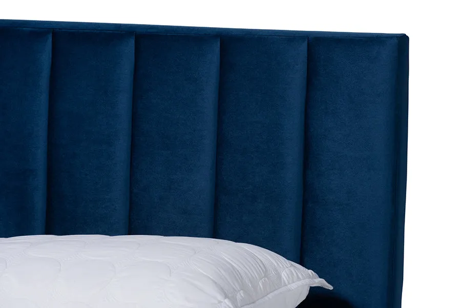 Claudia Navy Blue Velvet Fabric Panel Bed w/Channel Tufted Headboard (Full)