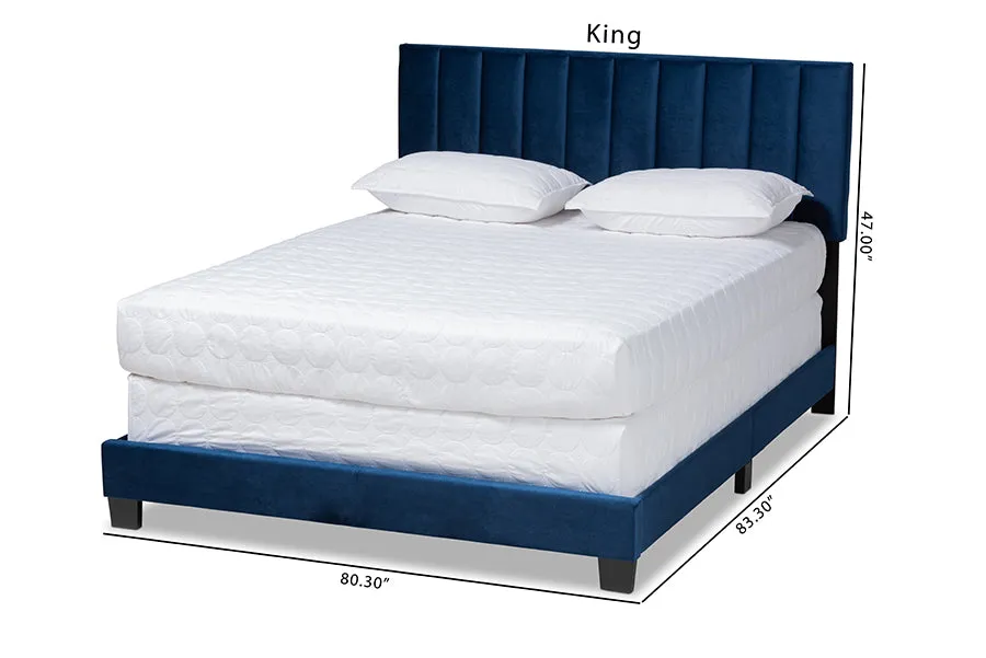 Claudia Navy Blue Velvet Fabric Panel Bed w/Channel Tufted Headboard (Full)