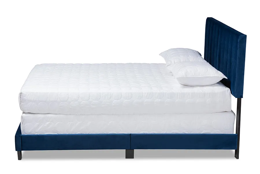 Claudia Navy Blue Velvet Fabric Panel Bed w/Channel Tufted Headboard (Full)