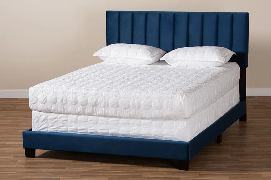 Claudia Navy Blue Velvet Fabric Panel Bed w/Channel Tufted Headboard (Full)