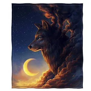 Dawhud Direct Golden Moon Wolf Fleece Blanket for Bed 50x60 Inch Crescent Moon