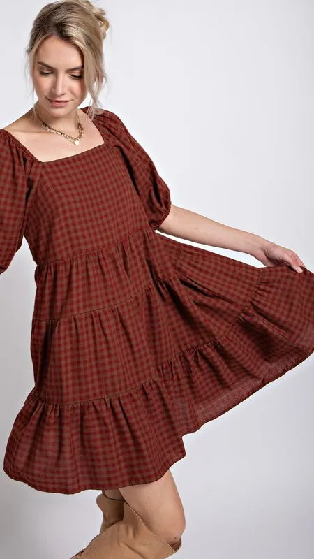 Fall Gingham Check Babydoll Dress