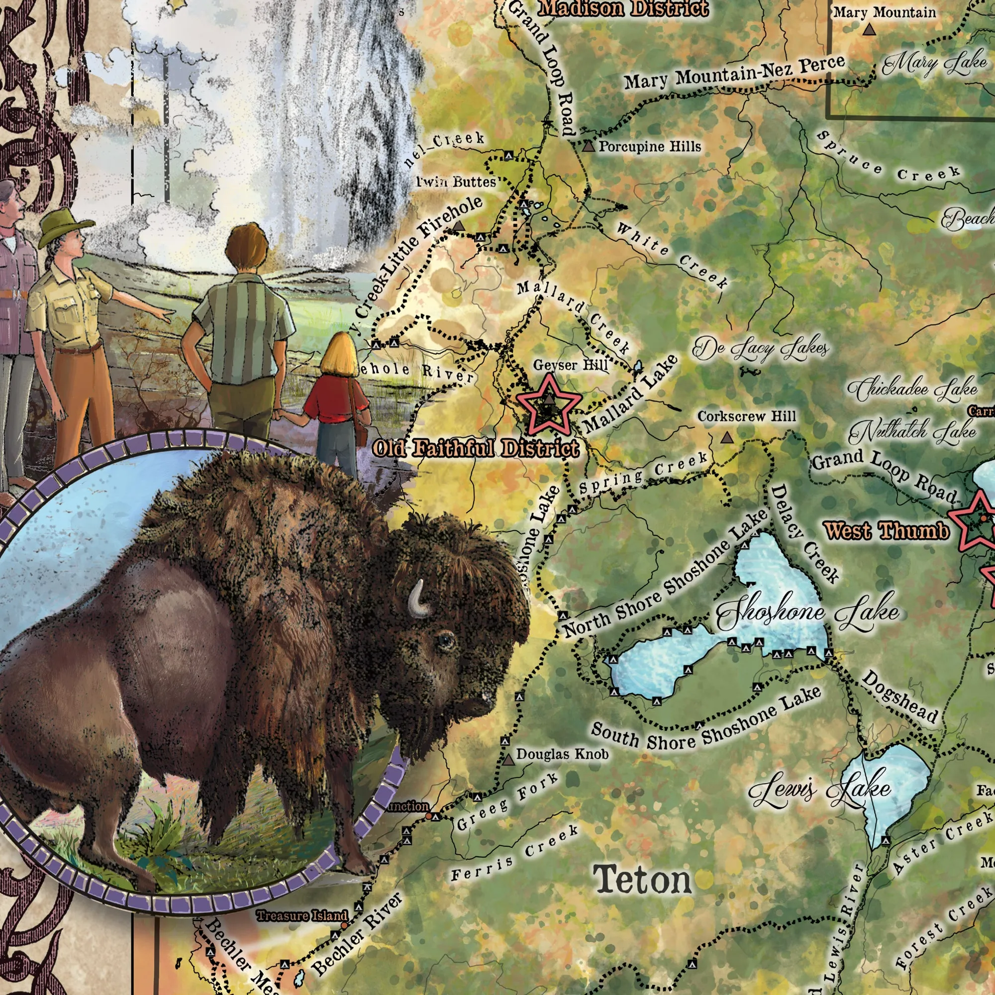 Hiking Yellowstone Wyoming and Montana Antique Map Art Blanket Throw Sherpa Fleece Blanket - Bed Sofa Couch Gift & Travel
