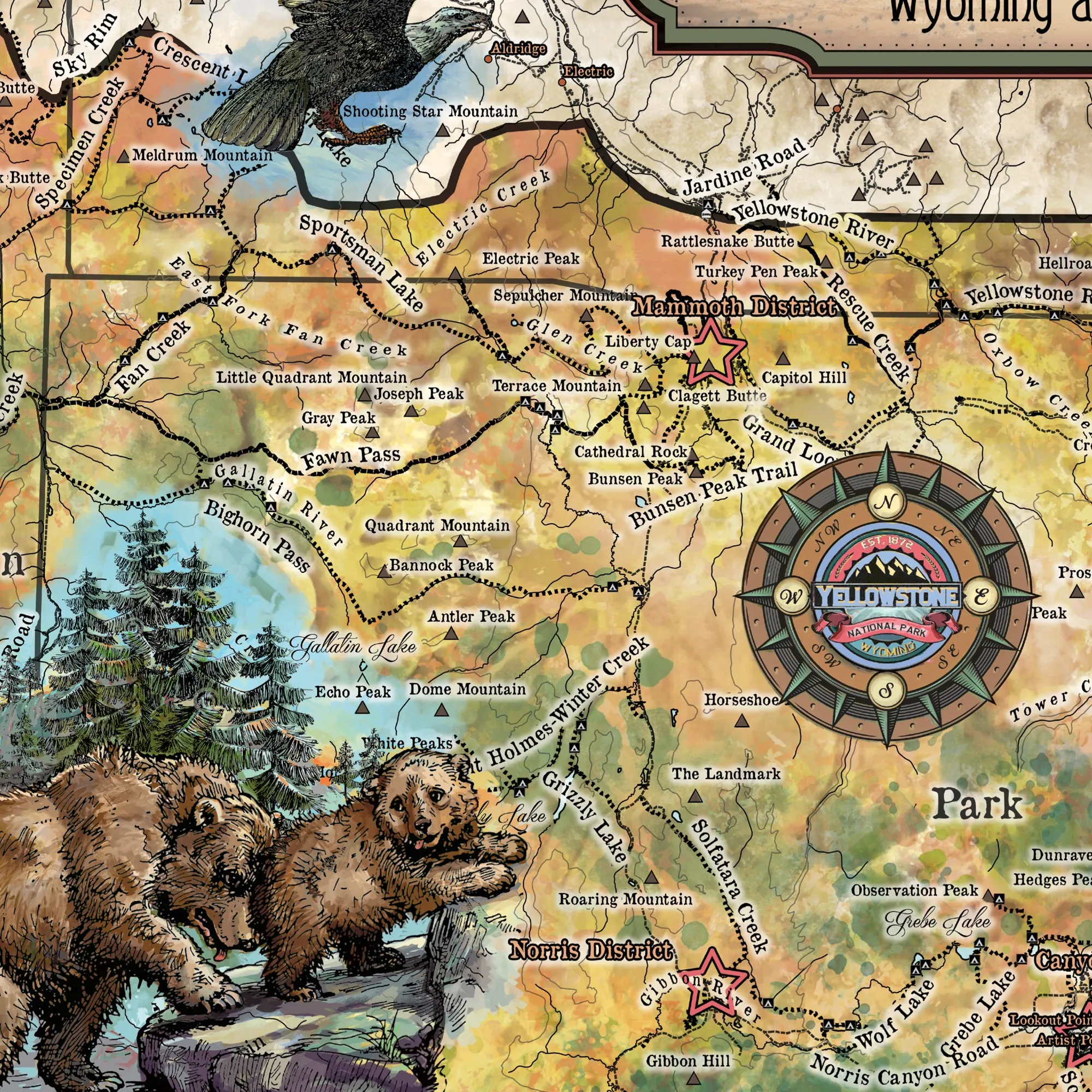 Hiking Yellowstone Wyoming and Montana Antique Map Art Blanket Throw Sherpa Fleece Blanket - Bed Sofa Couch Gift & Travel