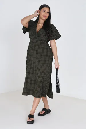 KHAKI AND BLACK CHECK PLUS SIZE MIDI DRESS