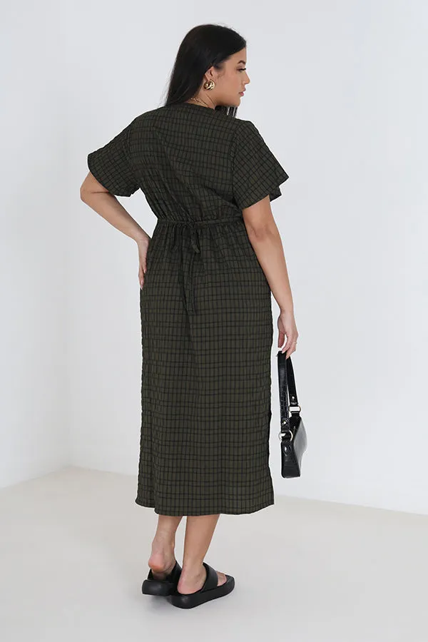 KHAKI AND BLACK CHECK PLUS SIZE MIDI DRESS