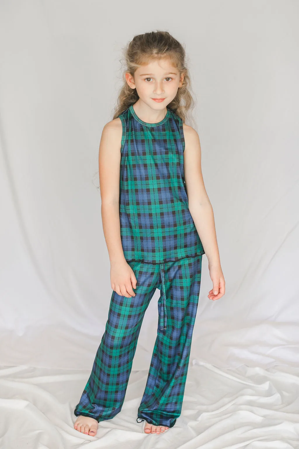 Kids Cozy Green Plaid Pajama Pants Set