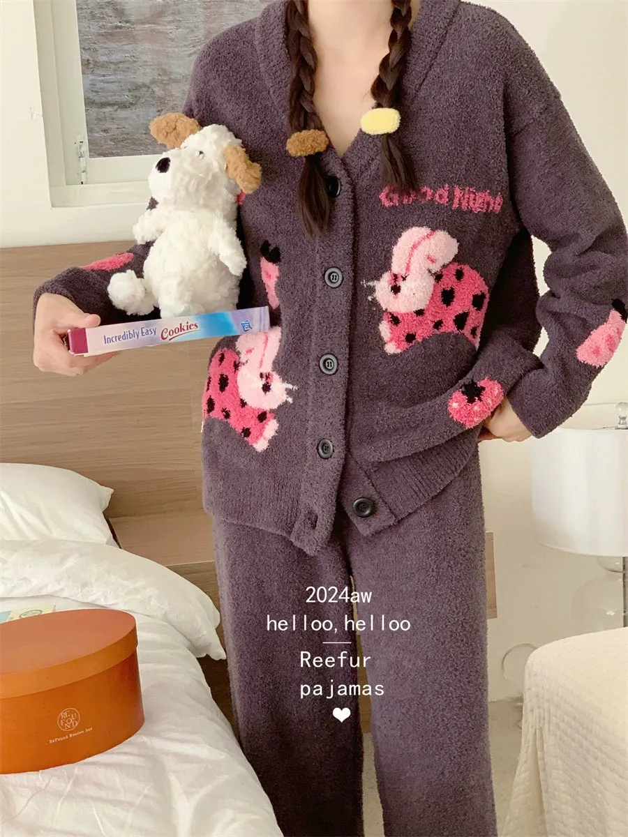 Love Rabbit Winter Pajamas  Thickened Half Velvet Cardigan Set