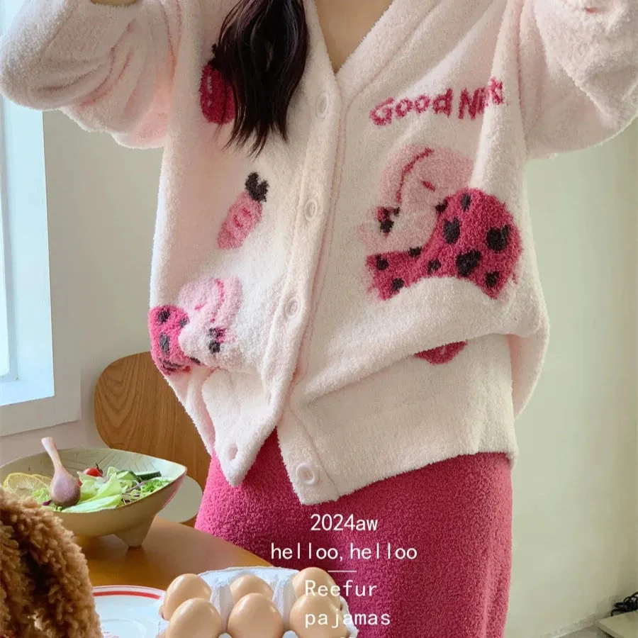 Love Rabbit Winter Pajamas  Thickened Half Velvet Cardigan Set