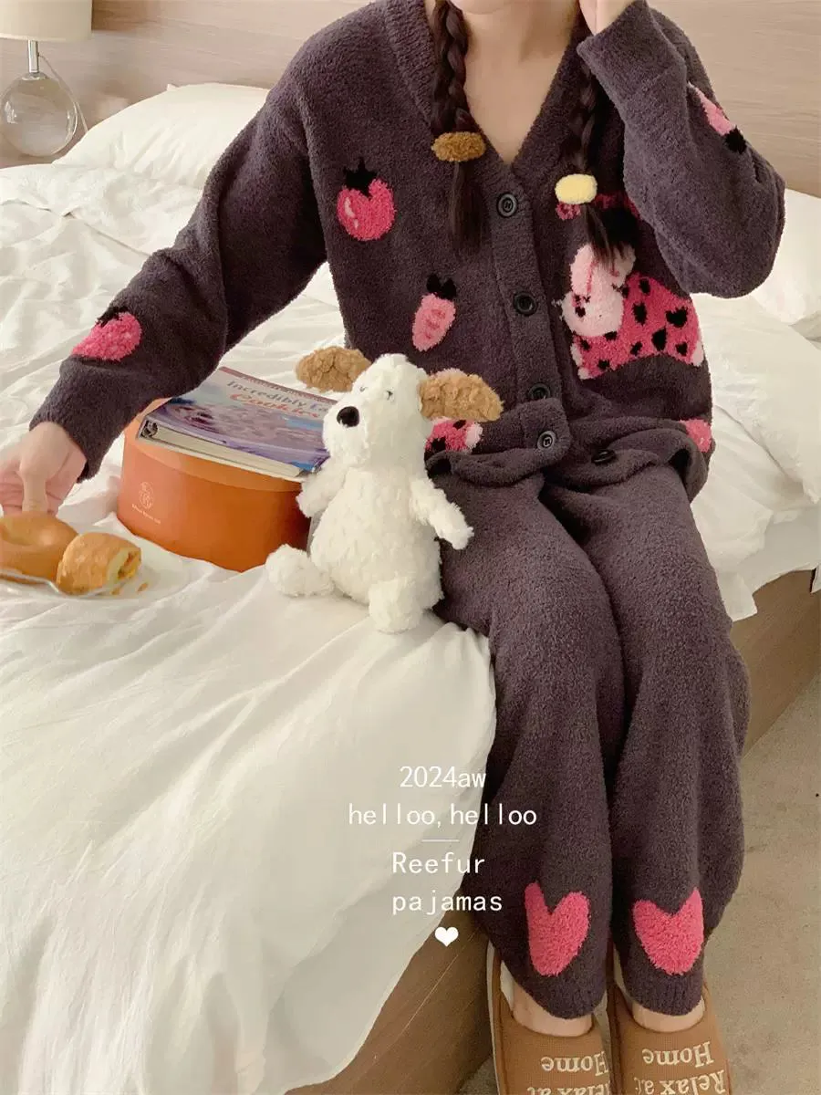 Love Rabbit Winter Pajamas  Thickened Half Velvet Cardigan Set