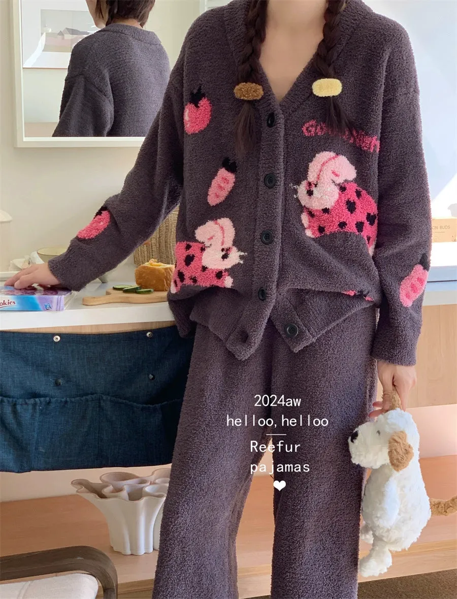 Love Rabbit Winter Pajamas  Thickened Half Velvet Cardigan Set