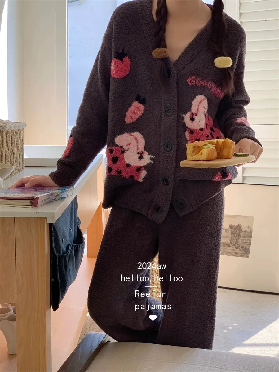 Love Rabbit Winter Pajamas  Thickened Half Velvet Cardigan Set