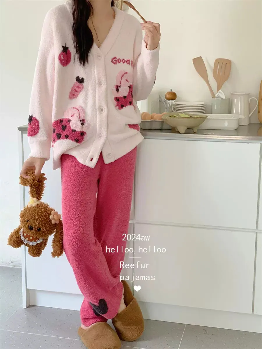 Love Rabbit Winter Pajamas  Thickened Half Velvet Cardigan Set