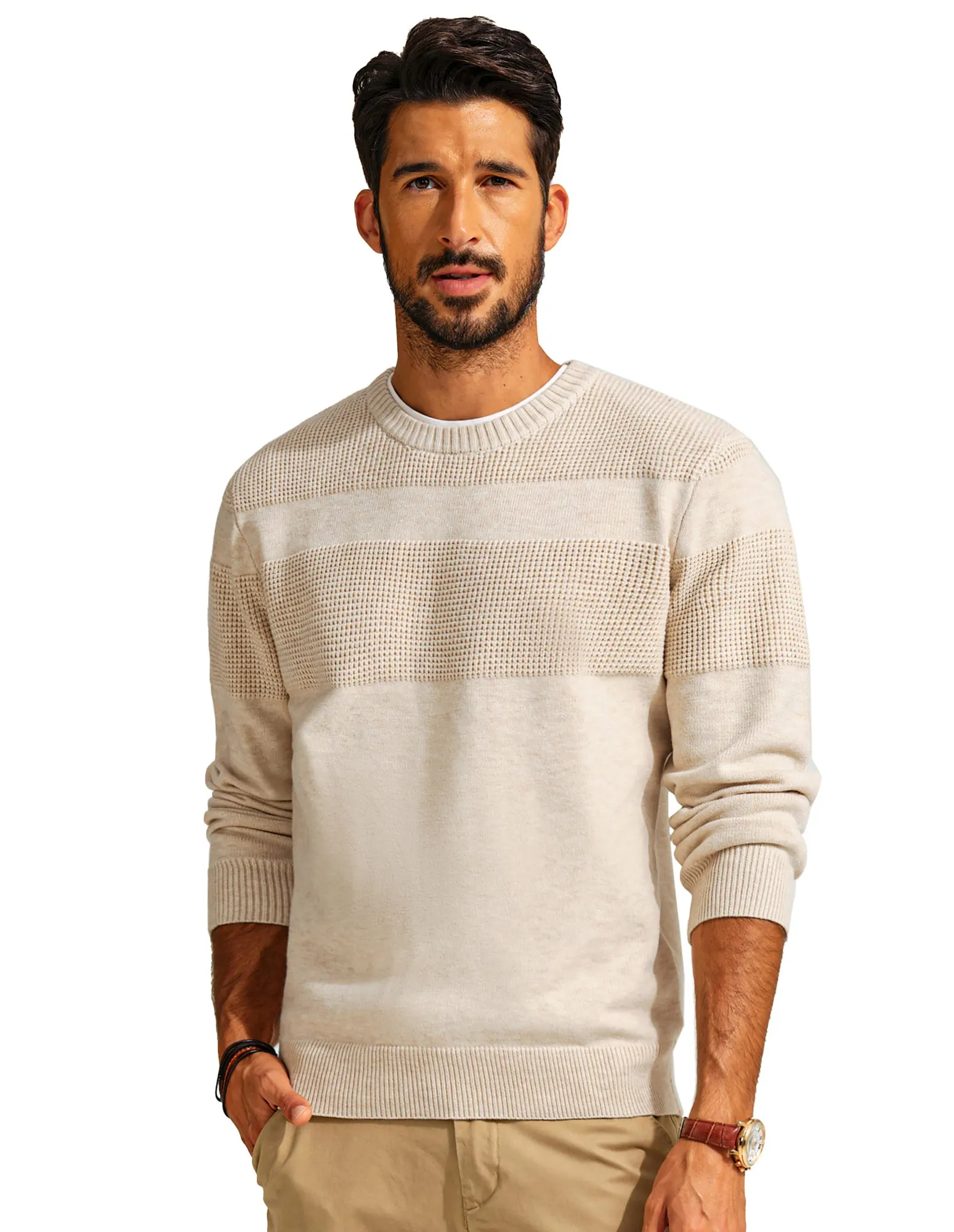 Men Textured Sweater Long Sleeve Crew Neck Ribbed Cuff Pullover Knitwear