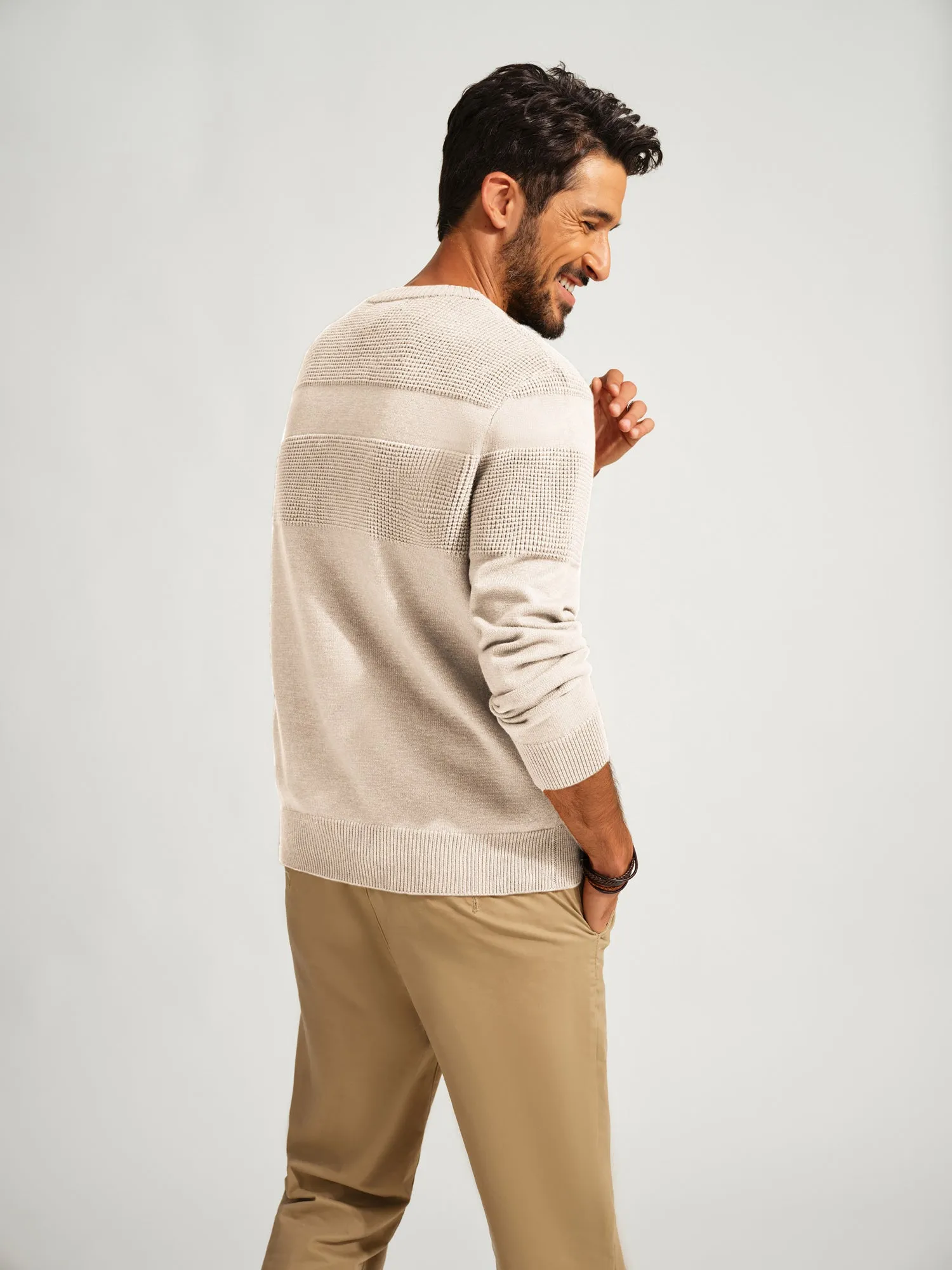 Men Textured Sweater Long Sleeve Crew Neck Ribbed Cuff Pullover Knitwear