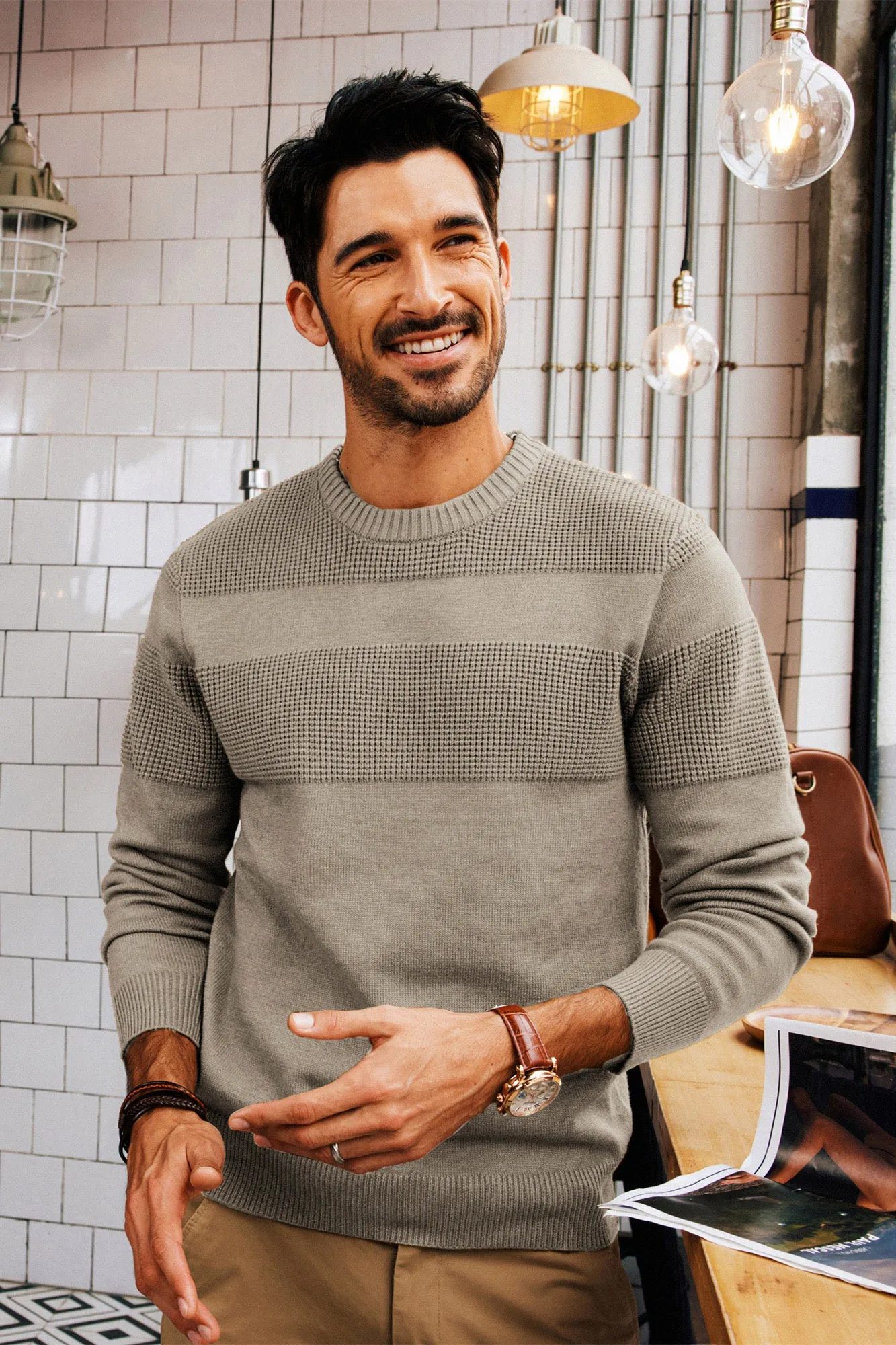 Men Textured Sweater Long Sleeve Crew Neck Ribbed Cuff Pullover Knitwear