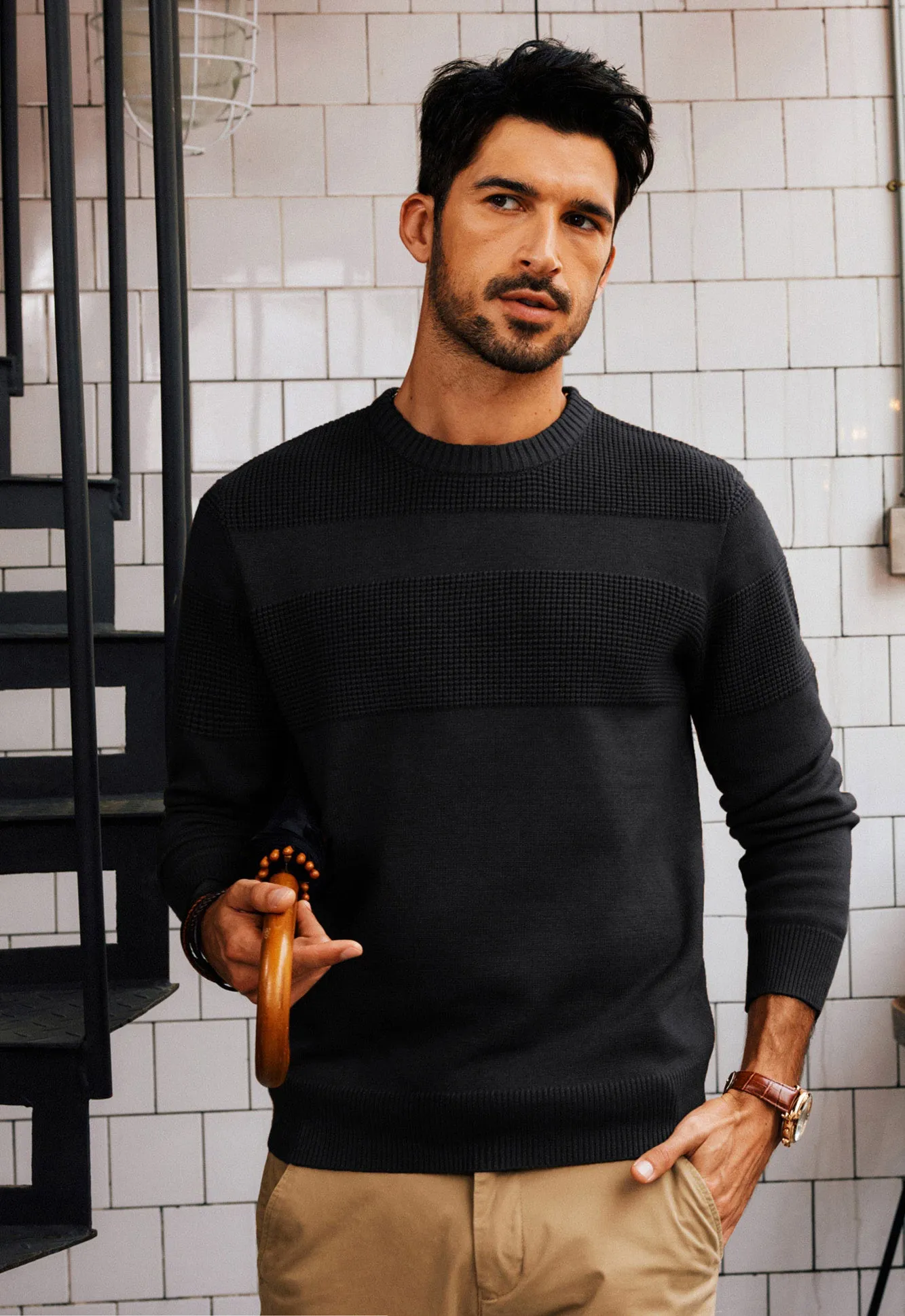 Men Textured Sweater Long Sleeve Crew Neck Ribbed Cuff Pullover Knitwear