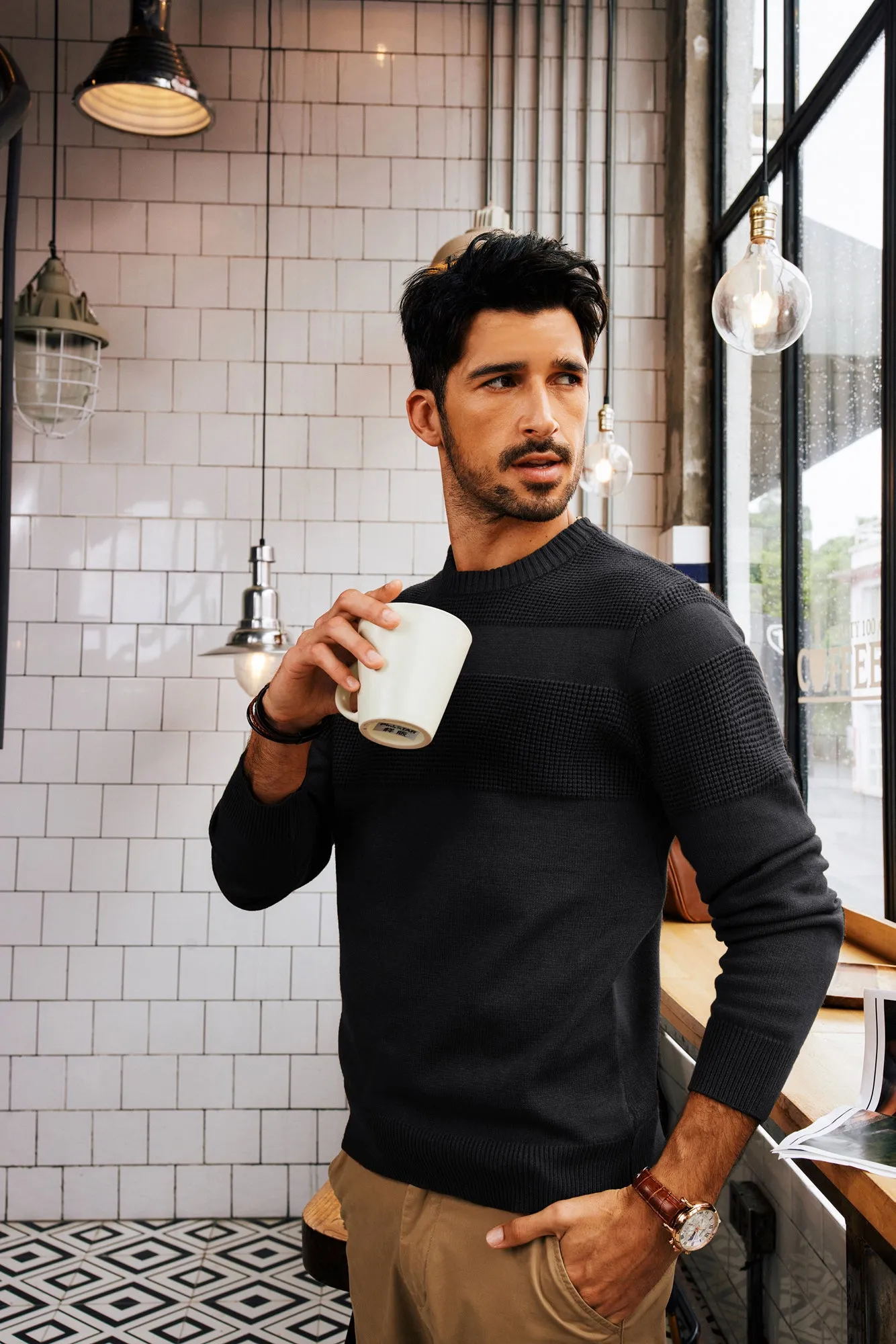 Men Textured Sweater Long Sleeve Crew Neck Ribbed Cuff Pullover Knitwear