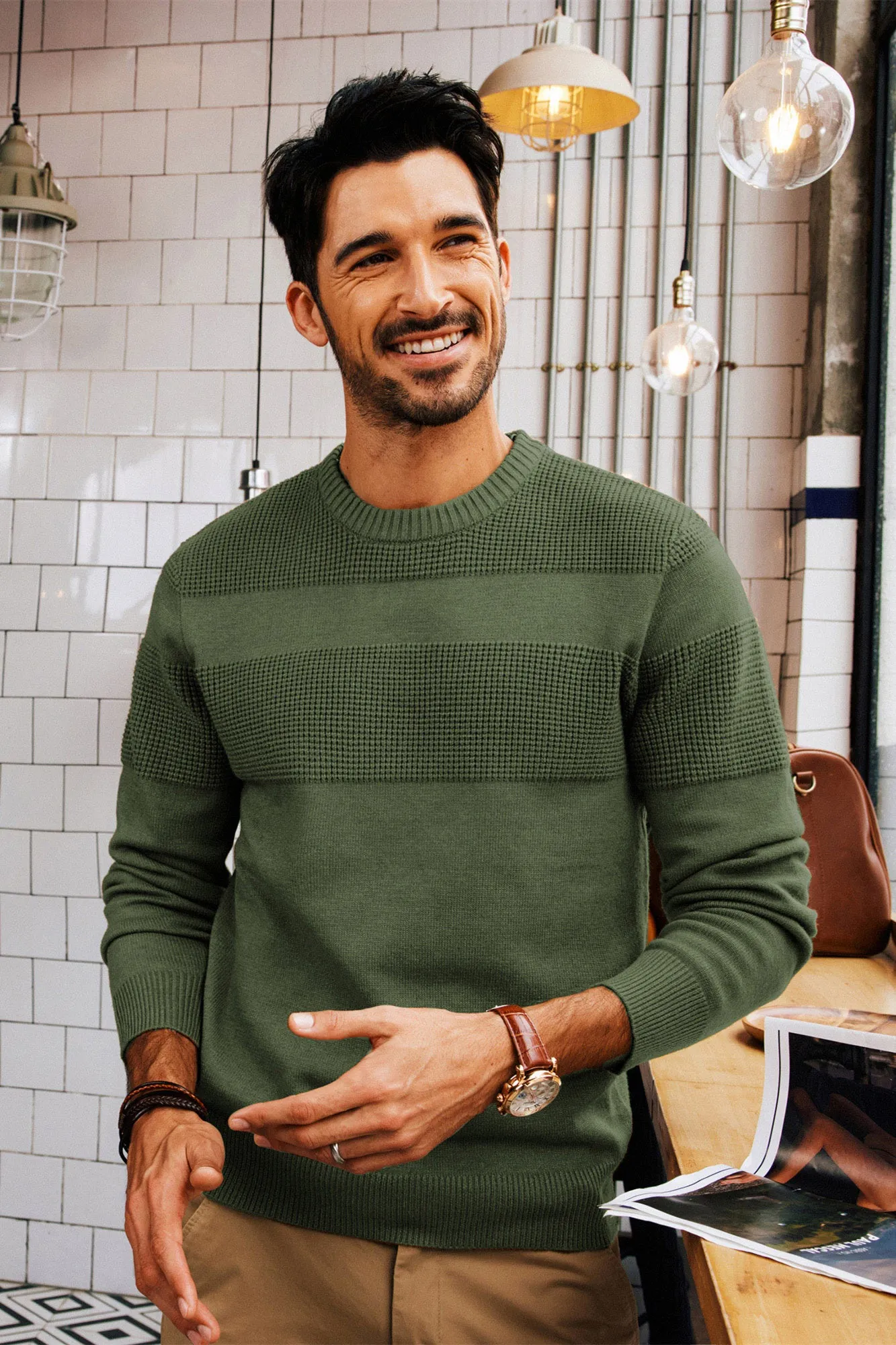 Men Textured Sweater Long Sleeve Crew Neck Ribbed Cuff Pullover Knitwear