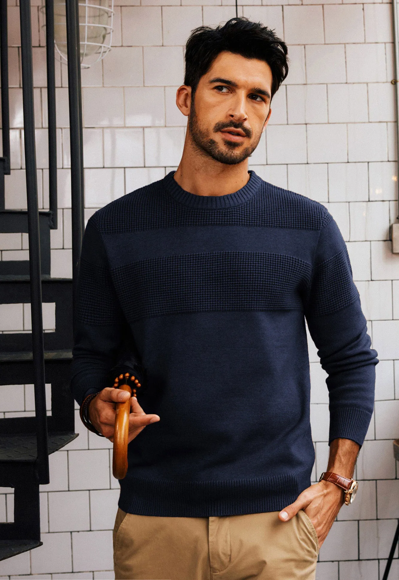 Men Textured Sweater Long Sleeve Crew Neck Ribbed Cuff Pullover Knitwear
