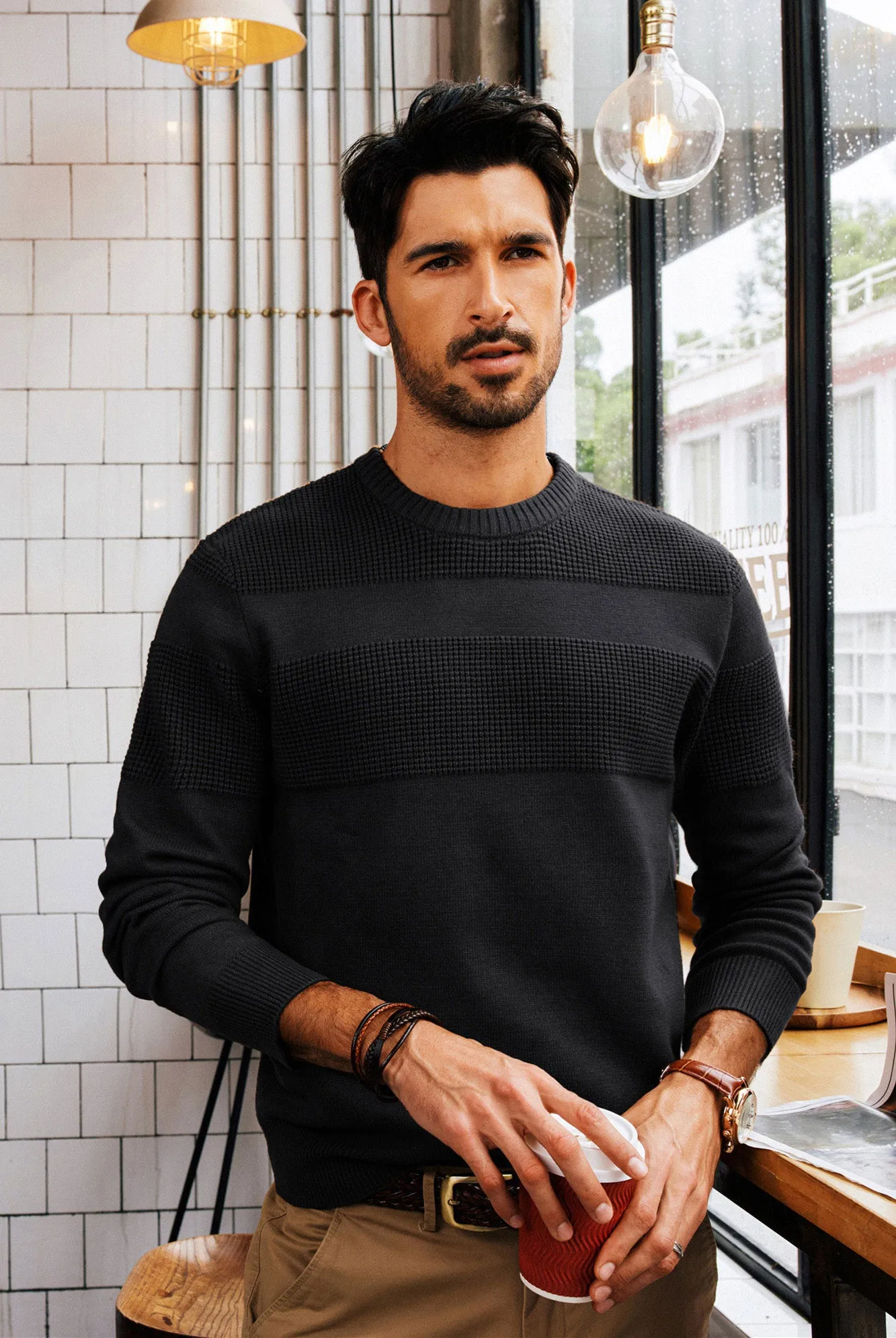 Men Textured Sweater Long Sleeve Crew Neck Ribbed Cuff Pullover Knitwear
