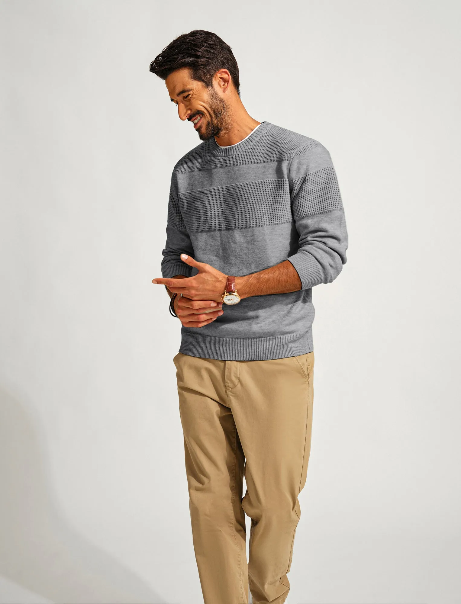 Men Textured Sweater Long Sleeve Crew Neck Ribbed Cuff Pullover Knitwear
