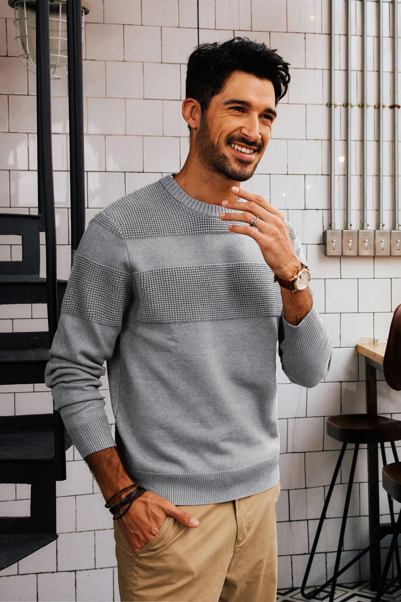 Men Textured Sweater Long Sleeve Crew Neck Ribbed Cuff Pullover Knitwear