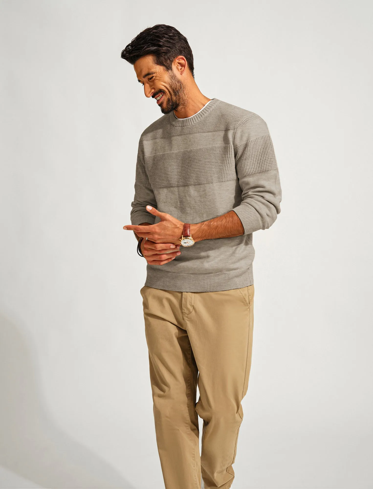 Men Textured Sweater Long Sleeve Crew Neck Ribbed Cuff Pullover Knitwear
