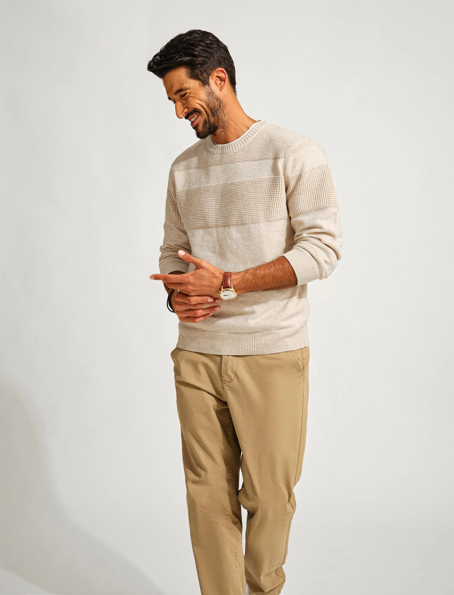 Men Textured Sweater Long Sleeve Crew Neck Ribbed Cuff Pullover Knitwear