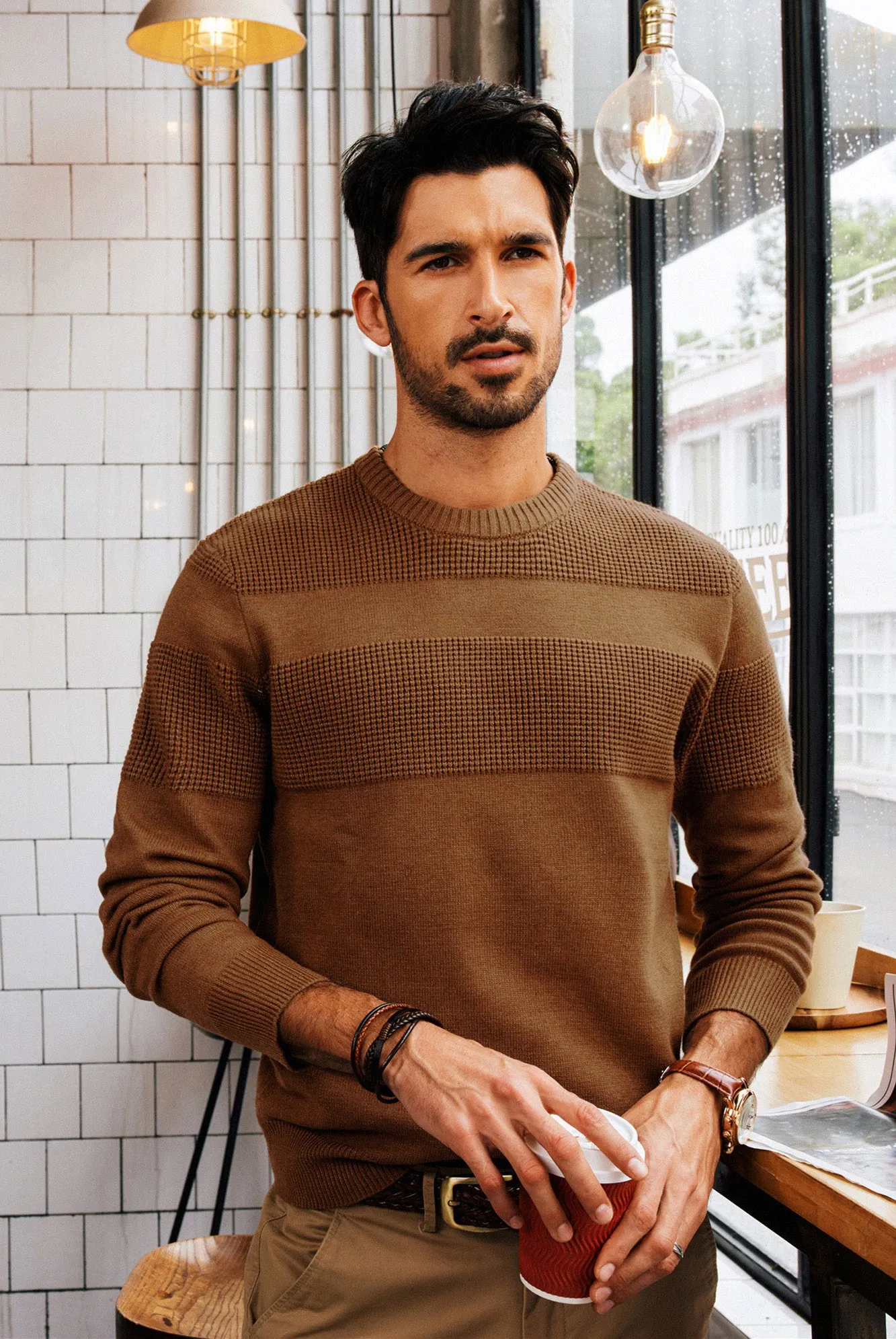 Men Textured Sweater Long Sleeve Crew Neck Ribbed Cuff Pullover Knitwear