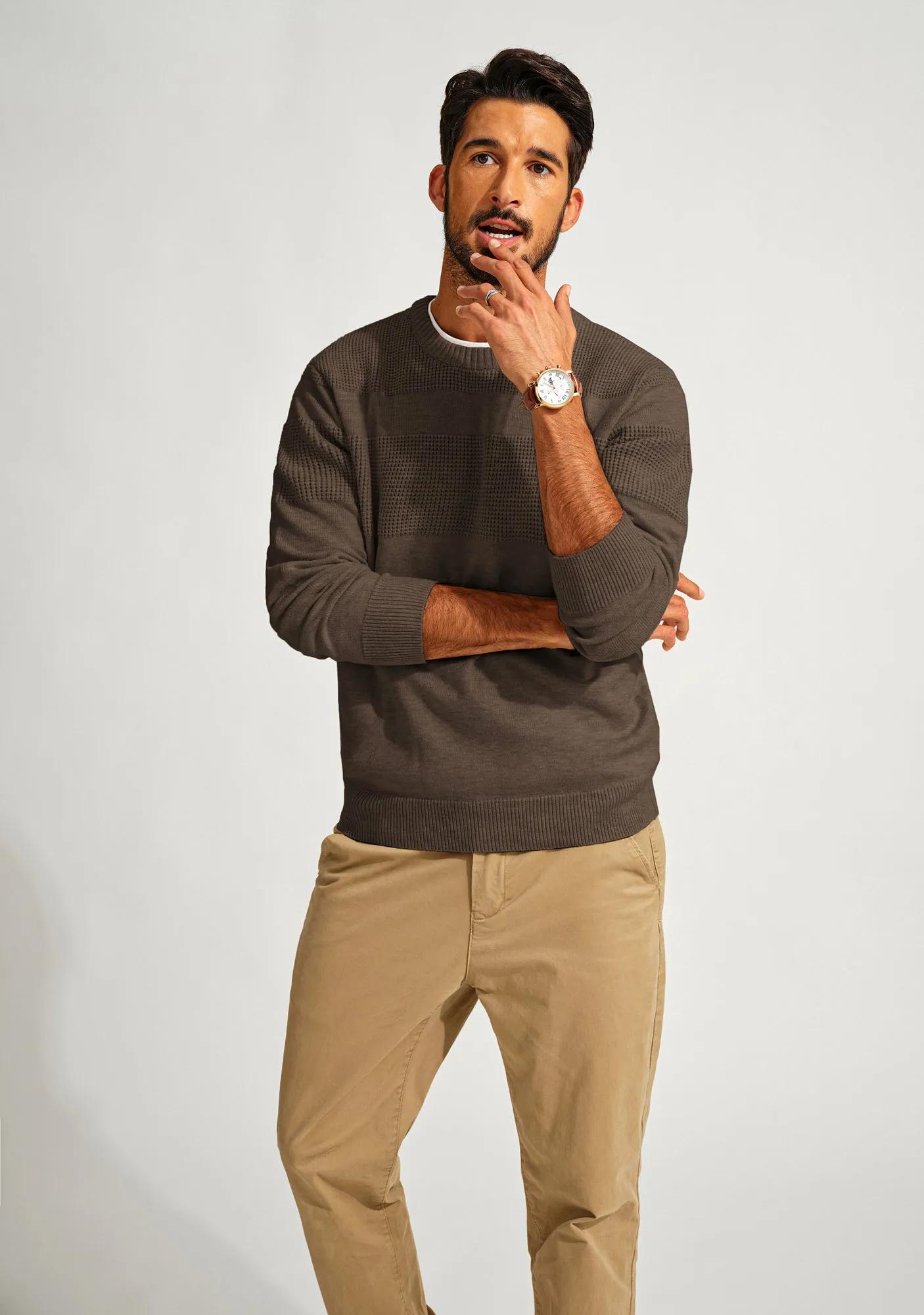 Men Textured Sweater Long Sleeve Crew Neck Ribbed Cuff Pullover Knitwear