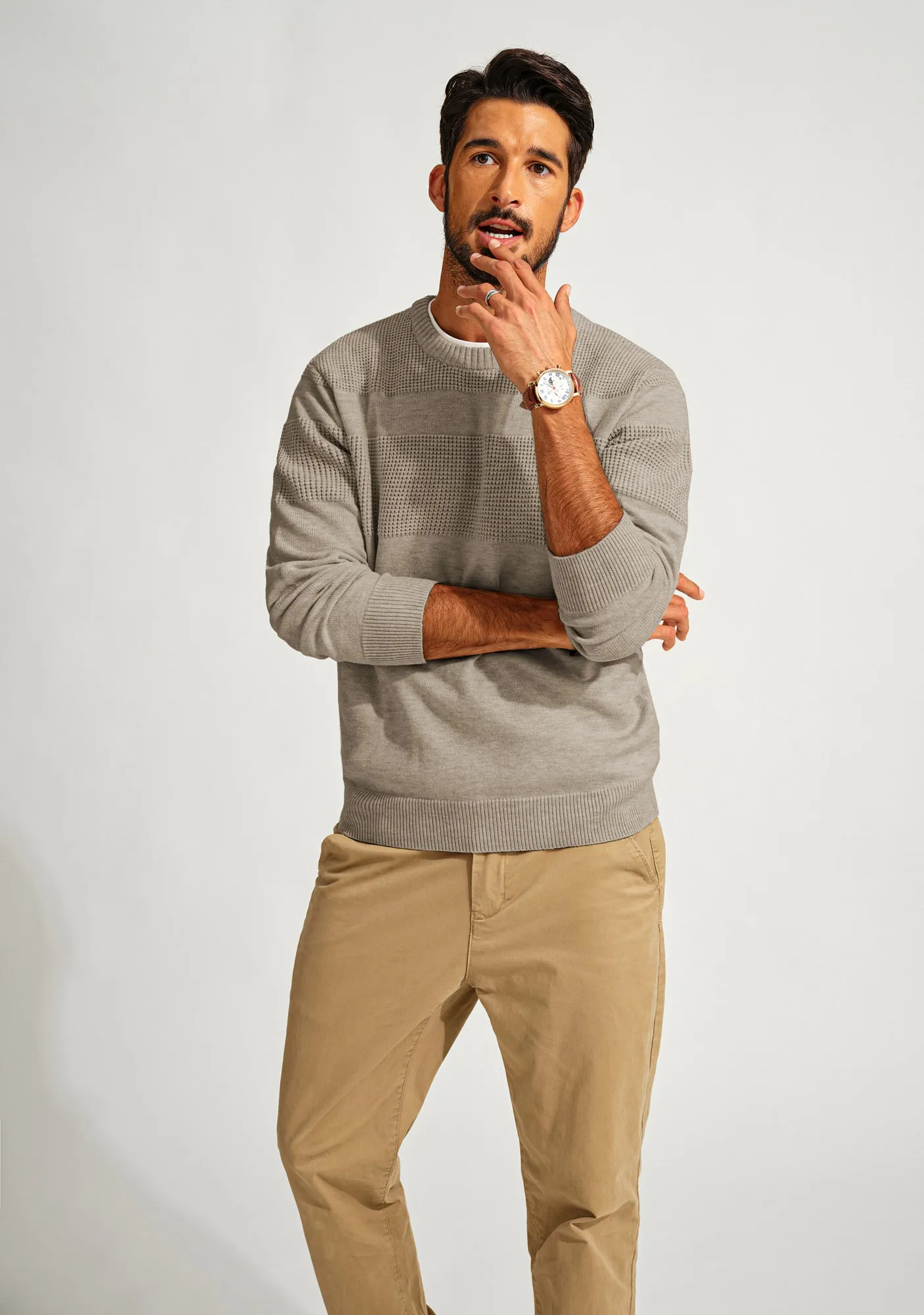 Men Textured Sweater Long Sleeve Crew Neck Ribbed Cuff Pullover Knitwear