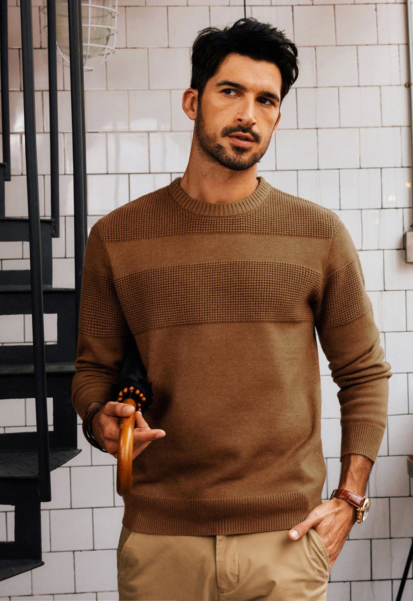 Men Textured Sweater Long Sleeve Crew Neck Ribbed Cuff Pullover Knitwear