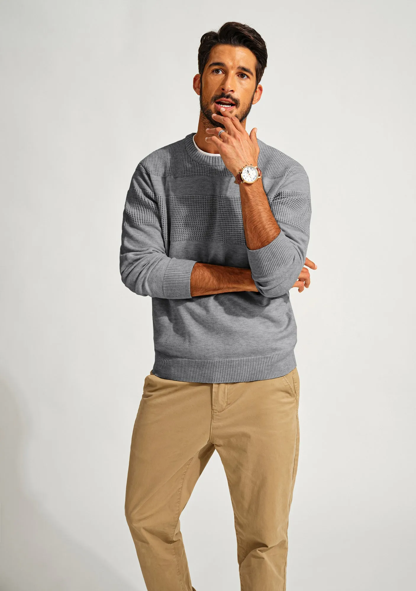Men Textured Sweater Long Sleeve Crew Neck Ribbed Cuff Pullover Knitwear