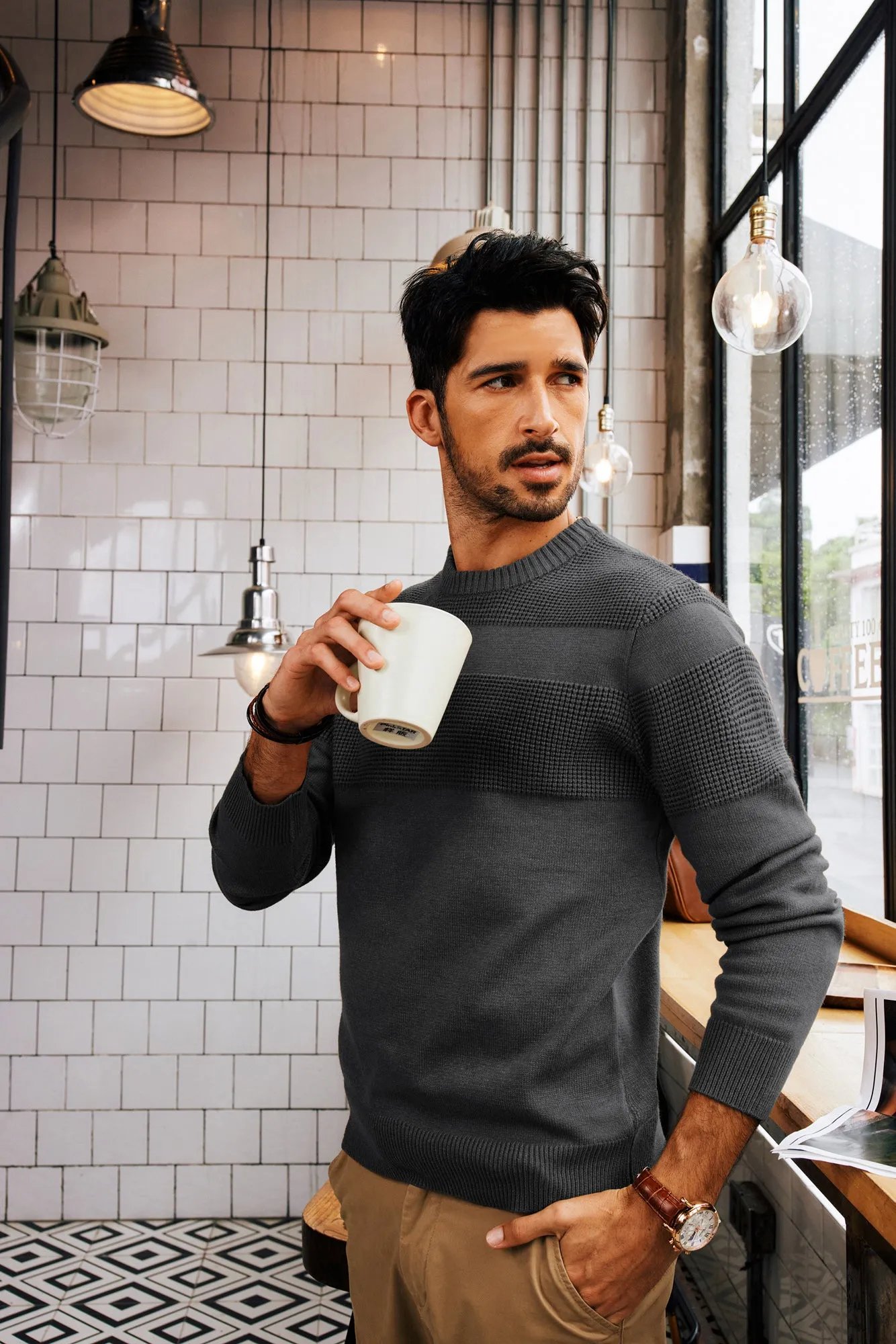 Men Textured Sweater Long Sleeve Crew Neck Ribbed Cuff Pullover Knitwear