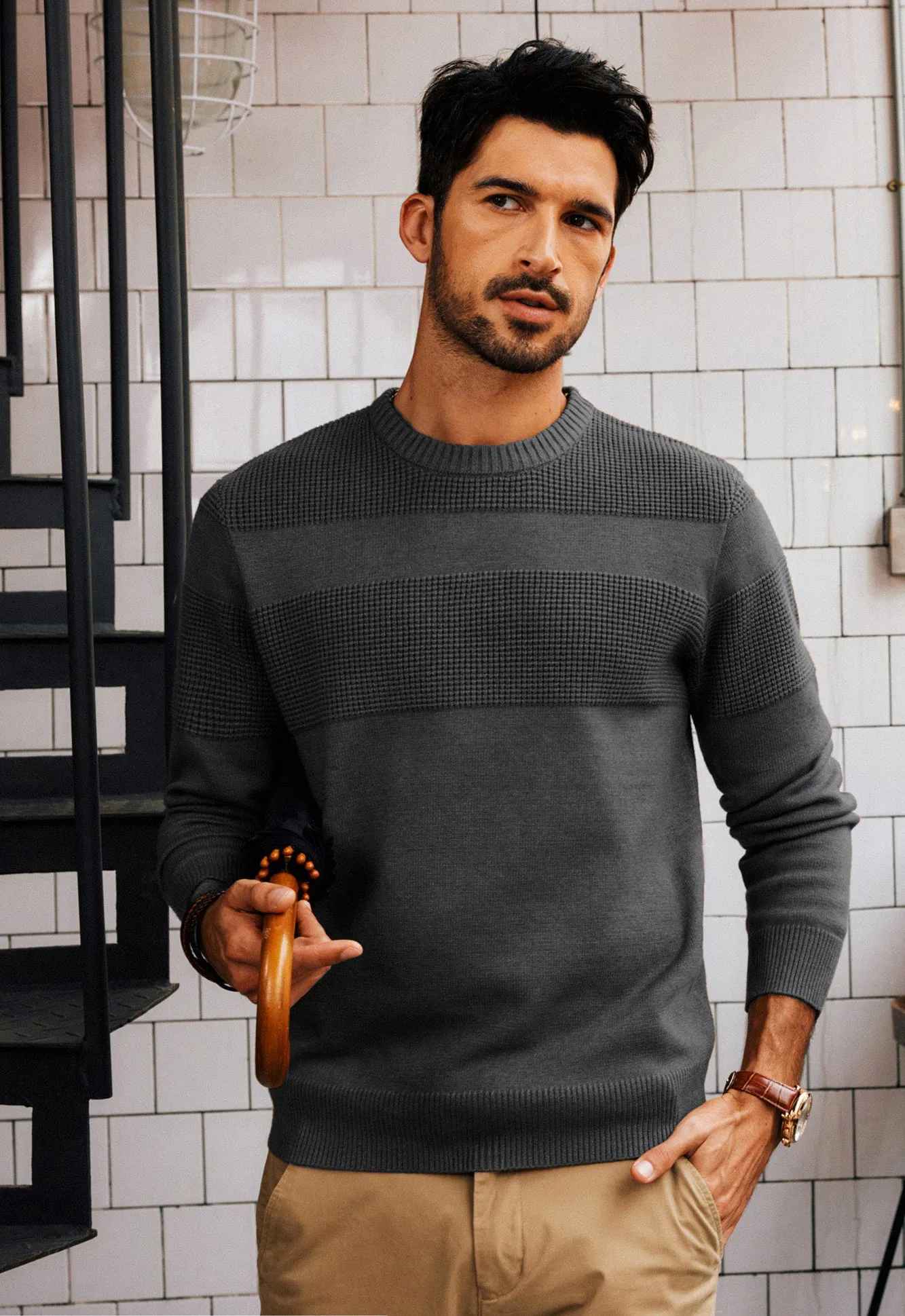 Men Textured Sweater Long Sleeve Crew Neck Ribbed Cuff Pullover Knitwear