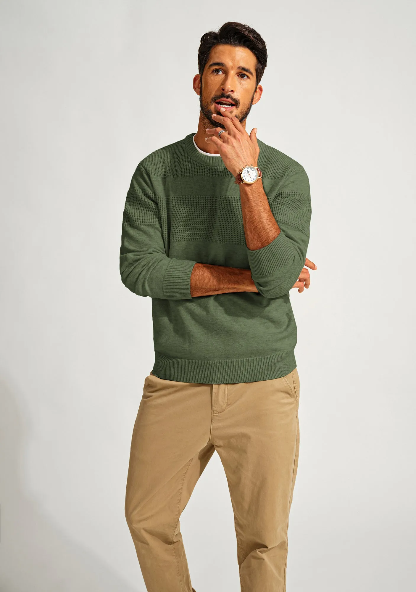 Men Textured Sweater Long Sleeve Crew Neck Ribbed Cuff Pullover Knitwear