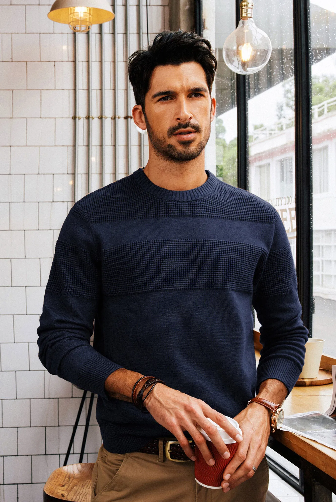 Men Textured Sweater Long Sleeve Crew Neck Ribbed Cuff Pullover Knitwear