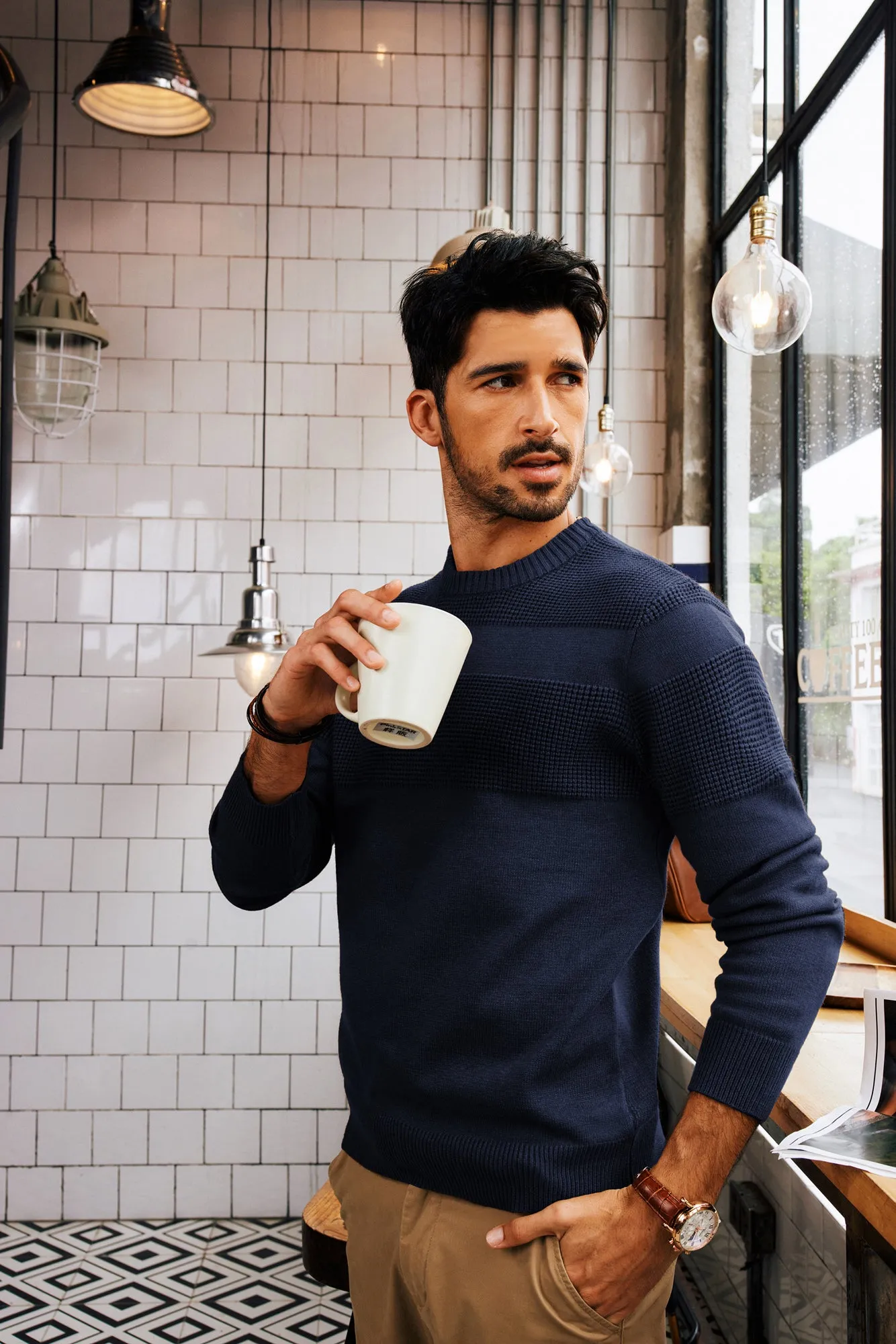 Men Textured Sweater Long Sleeve Crew Neck Ribbed Cuff Pullover Knitwear