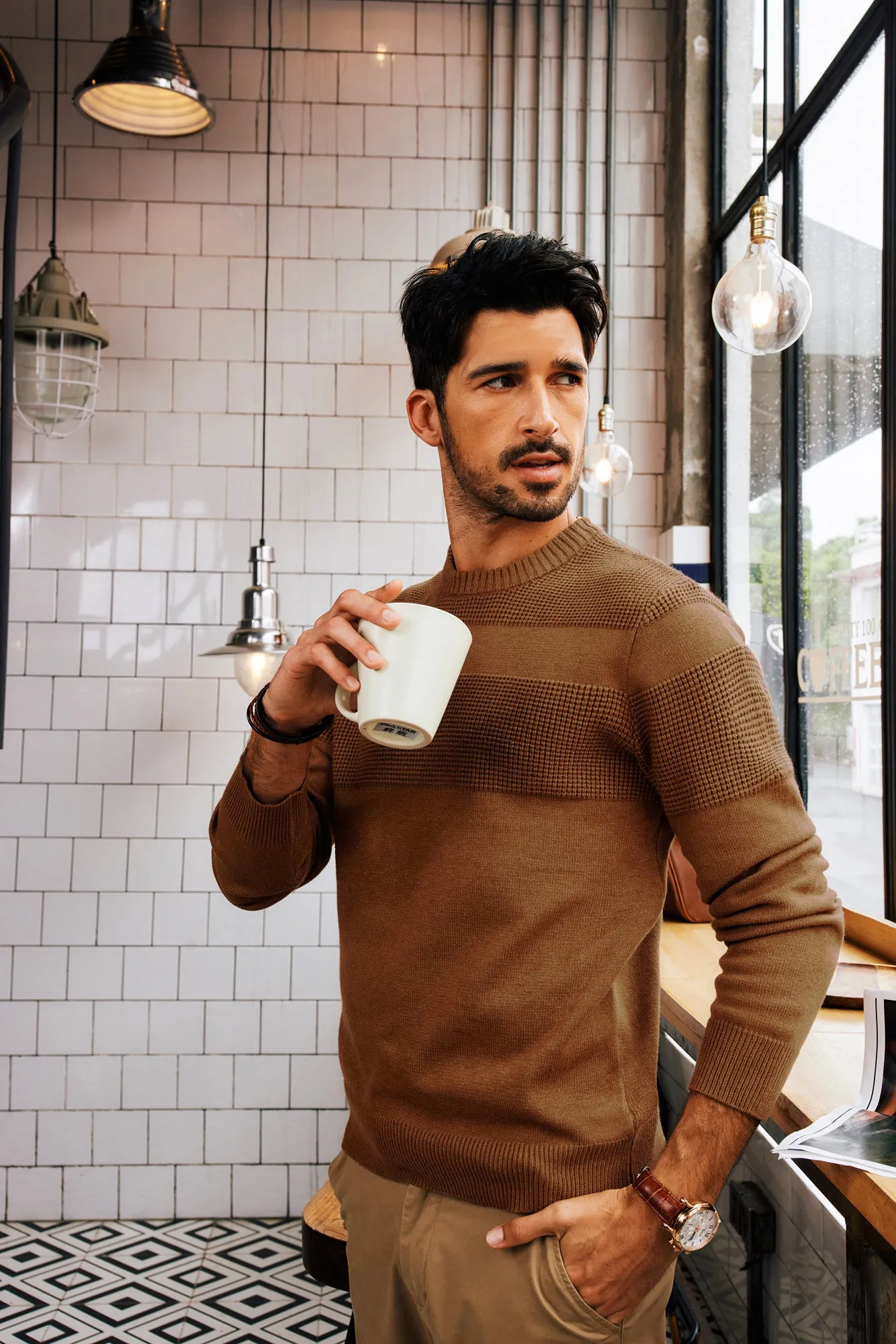 Men Textured Sweater Long Sleeve Crew Neck Ribbed Cuff Pullover Knitwear