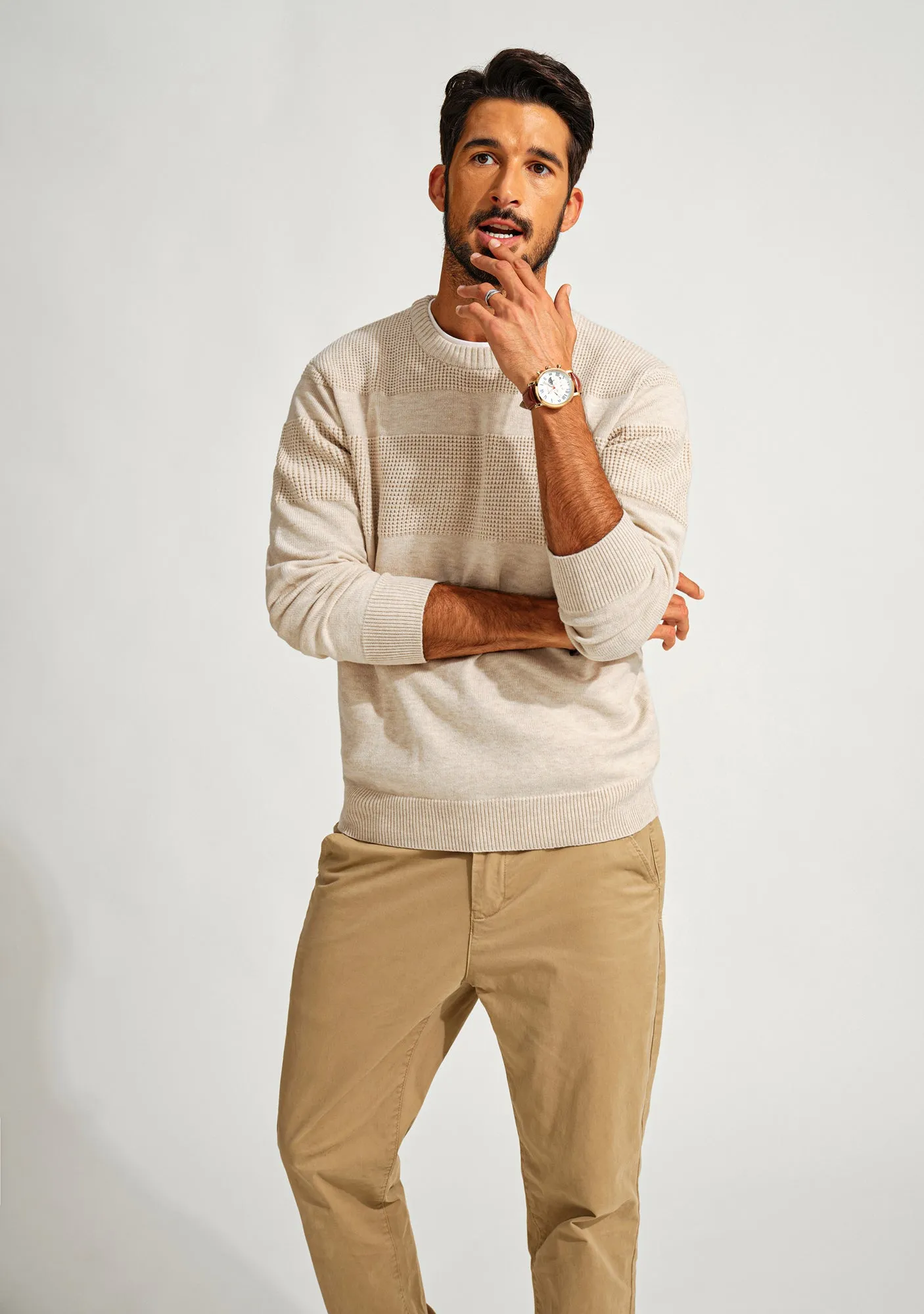 Men Textured Sweater Long Sleeve Crew Neck Ribbed Cuff Pullover Knitwear
