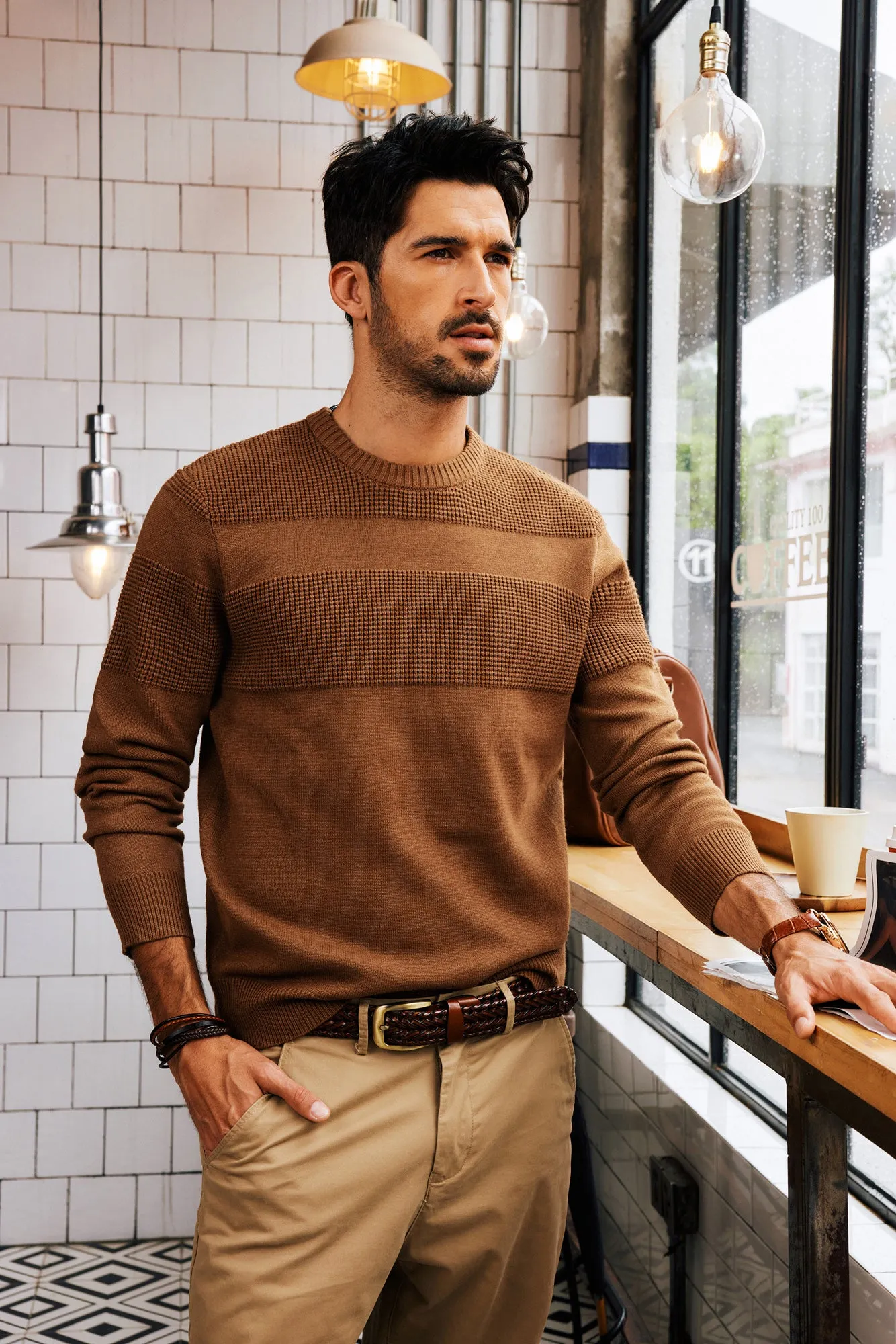 Men Textured Sweater Long Sleeve Crew Neck Ribbed Cuff Pullover Knitwear