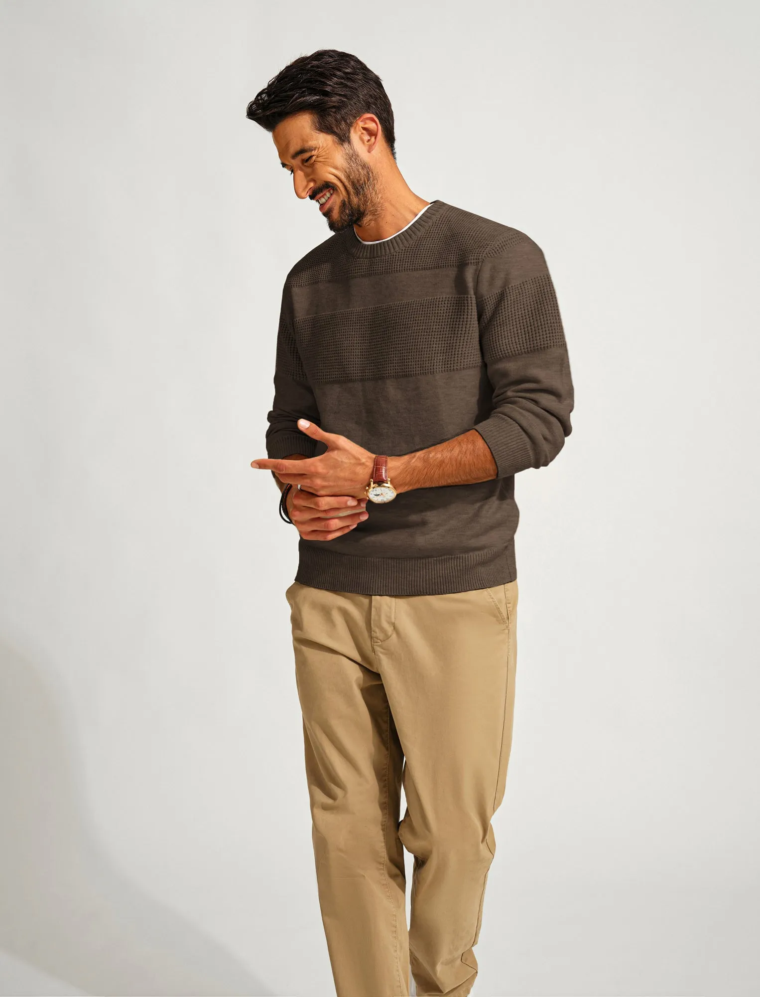 Men Textured Sweater Long Sleeve Crew Neck Ribbed Cuff Pullover Knitwear