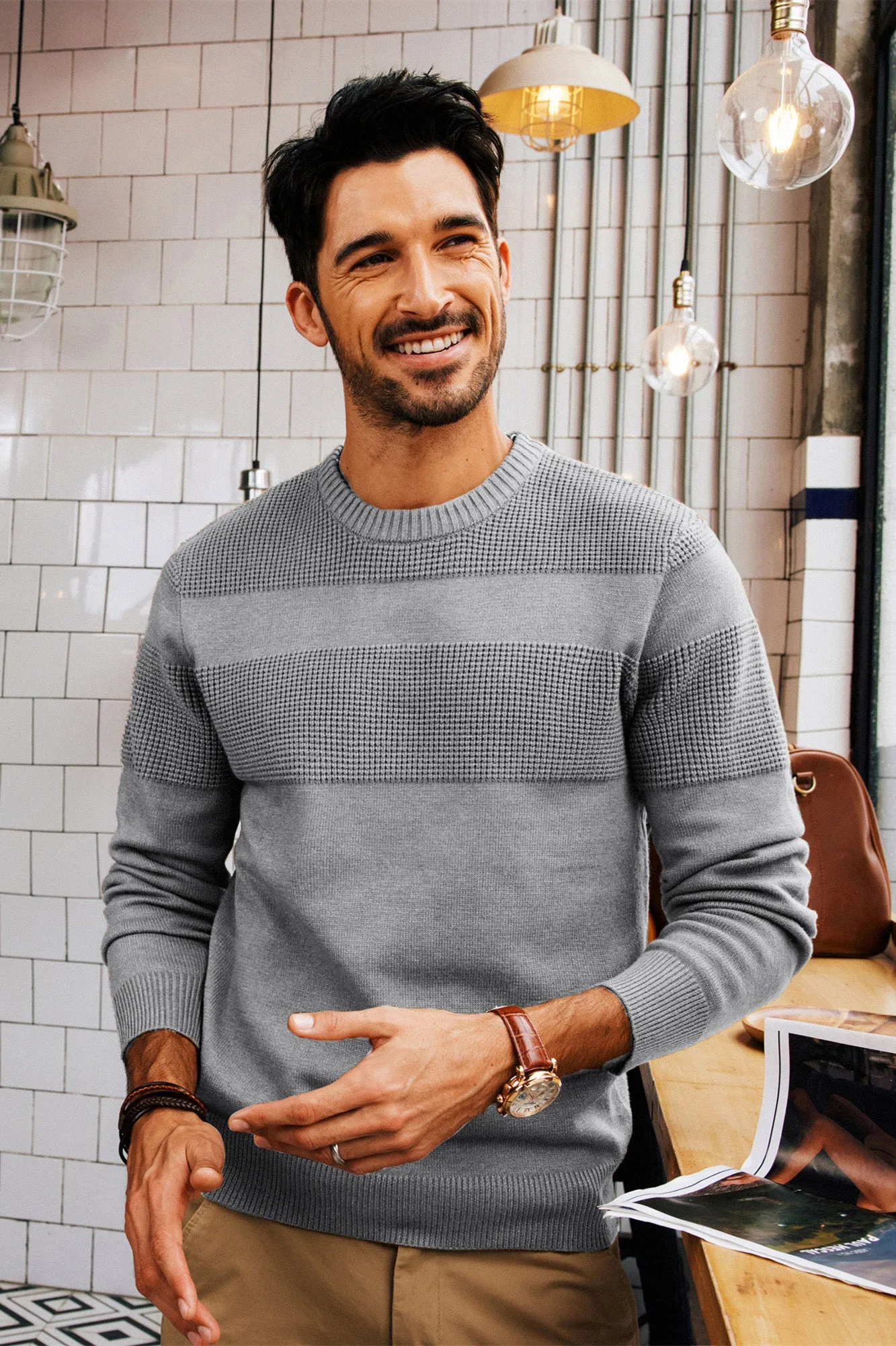 Men Textured Sweater Long Sleeve Crew Neck Ribbed Cuff Pullover Knitwear