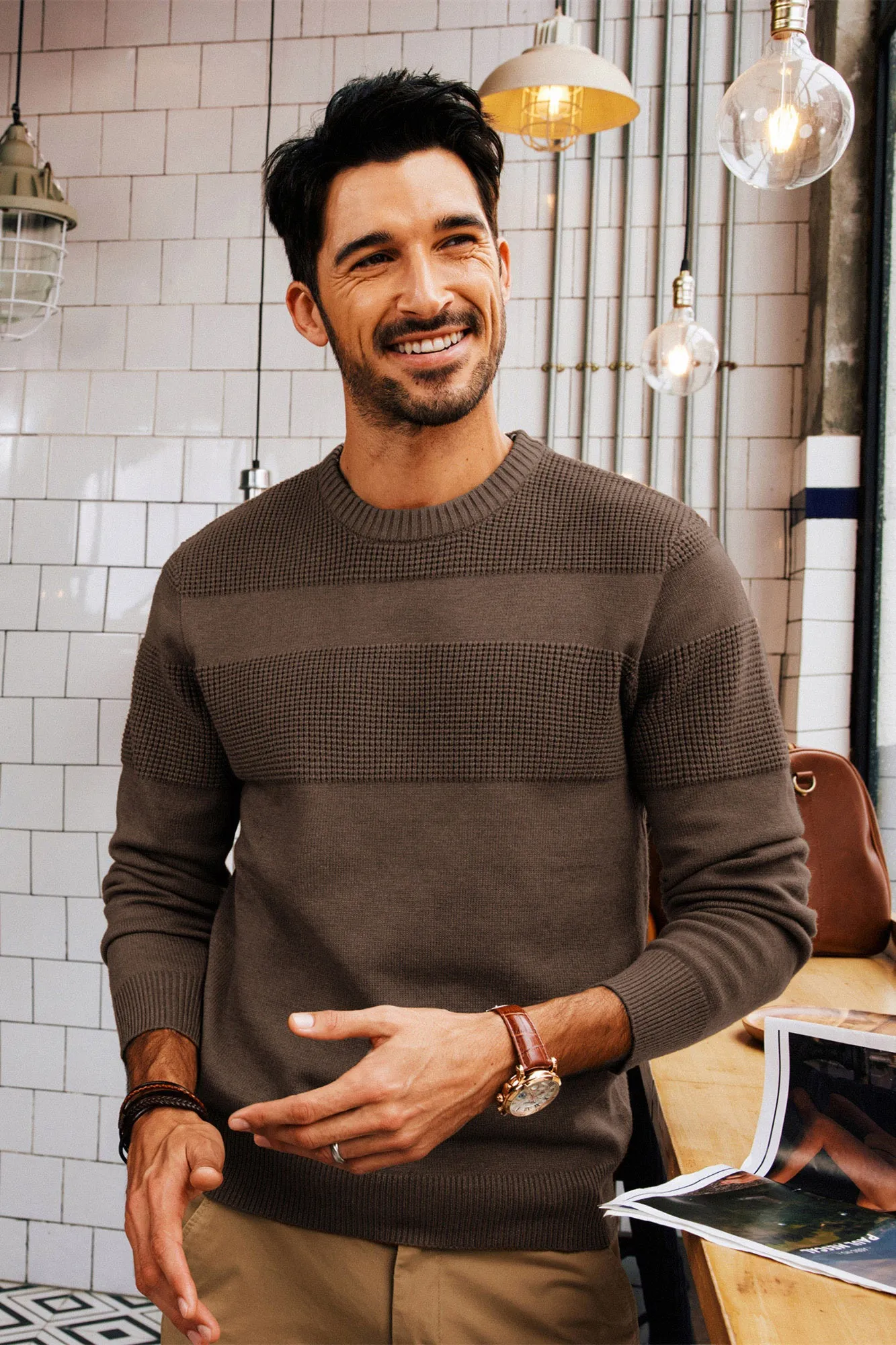 Men Textured Sweater Long Sleeve Crew Neck Ribbed Cuff Pullover Knitwear