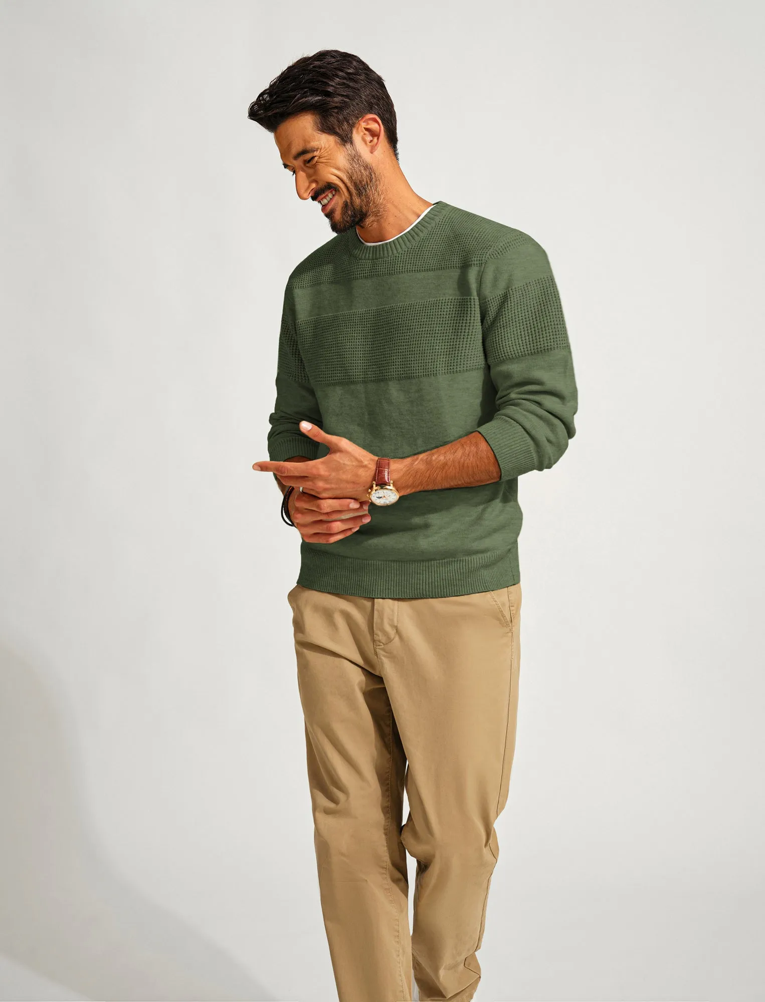 Men Textured Sweater Long Sleeve Crew Neck Ribbed Cuff Pullover Knitwear