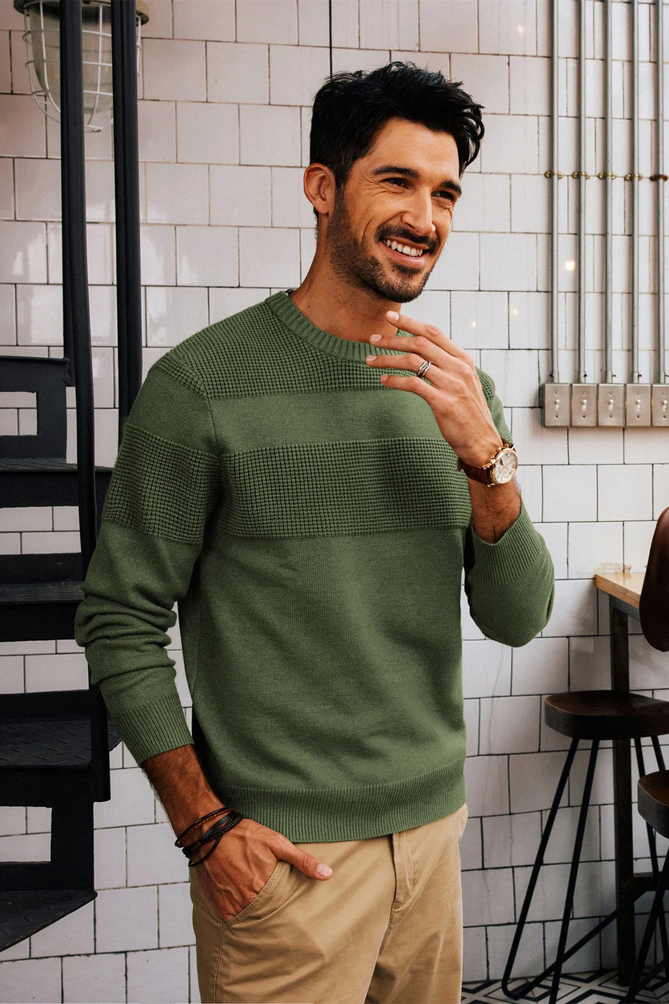 Men Textured Sweater Long Sleeve Crew Neck Ribbed Cuff Pullover Knitwear