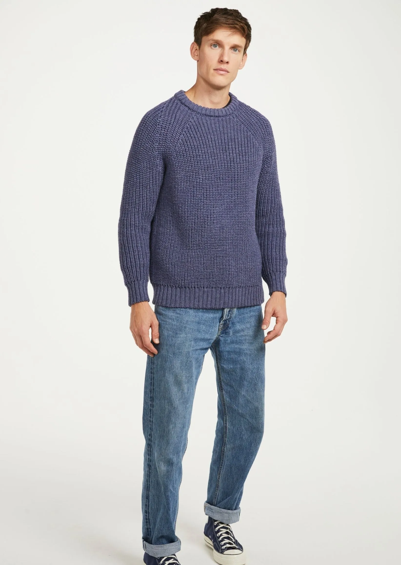 Mens Aran Fisherman Raglan Crew | Denim