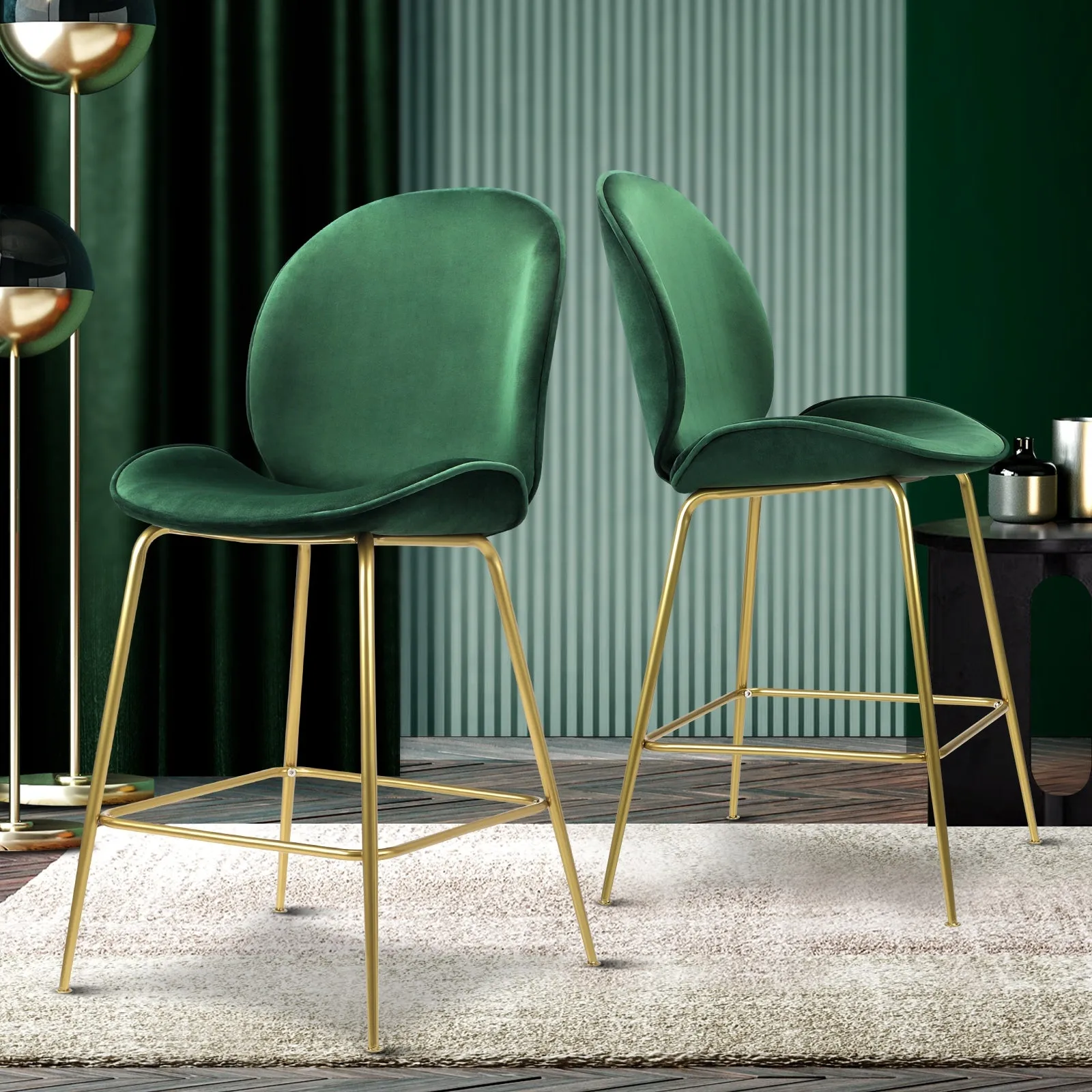Oikiture Bar Stools Kitchen Stool Chairs Barstool Dining Chair Velvet Metal x2