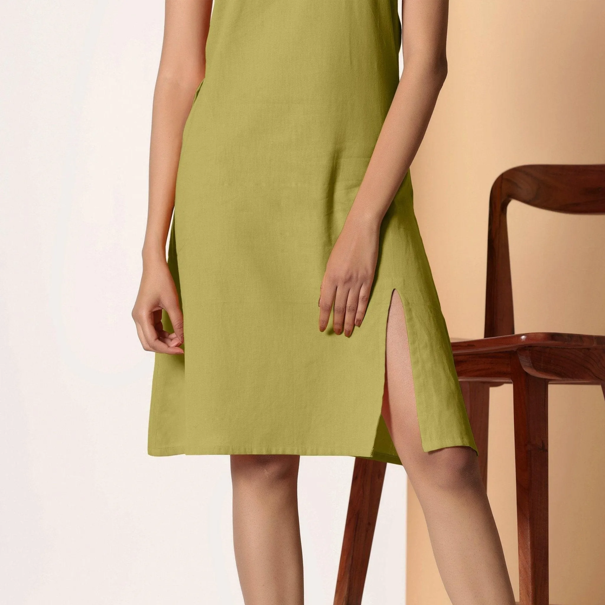 Olive Green Cotton Flax Knee Length Strappy Slit Dress